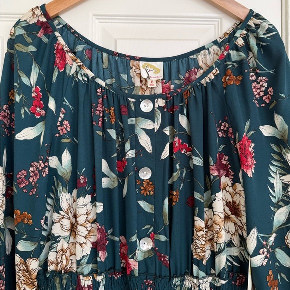 Anthropologie Fig & Flower Floral Plaid Forest Green Midi Dress Large NWT - Picture 5 of 9